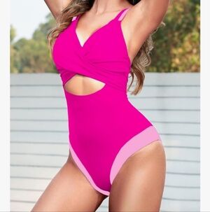 Women 1 Piece Swimsuit Cutout High Waisted BathingSuitVNeckColor Block Size XL
